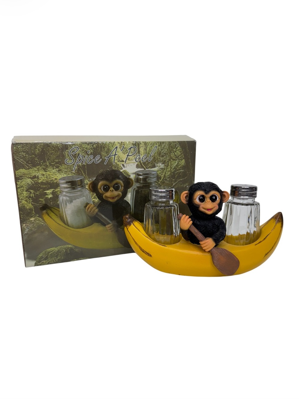 DWK Corp Resin Monkey Rowing In A Banana Canoe Salt & Pepper Shaker Set In Box